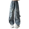 thumbnail image 1 of EnJoCho Kids Girls Baggy Cargo Jeans Washed Wide Leg Elastic High Waist Denim Pants Distressed Streetwear Pockets Trousers Bottoms Fashion Trendy Casual Utility Comfort, 1 of 9