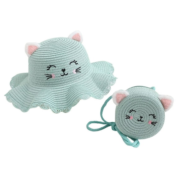 EnJoCho Kids Girls Cute Beach Caps Cartoon Sunshade Hat Straw Sun Hat Straw Bag Cats Ear Design Kids Summer Accessories