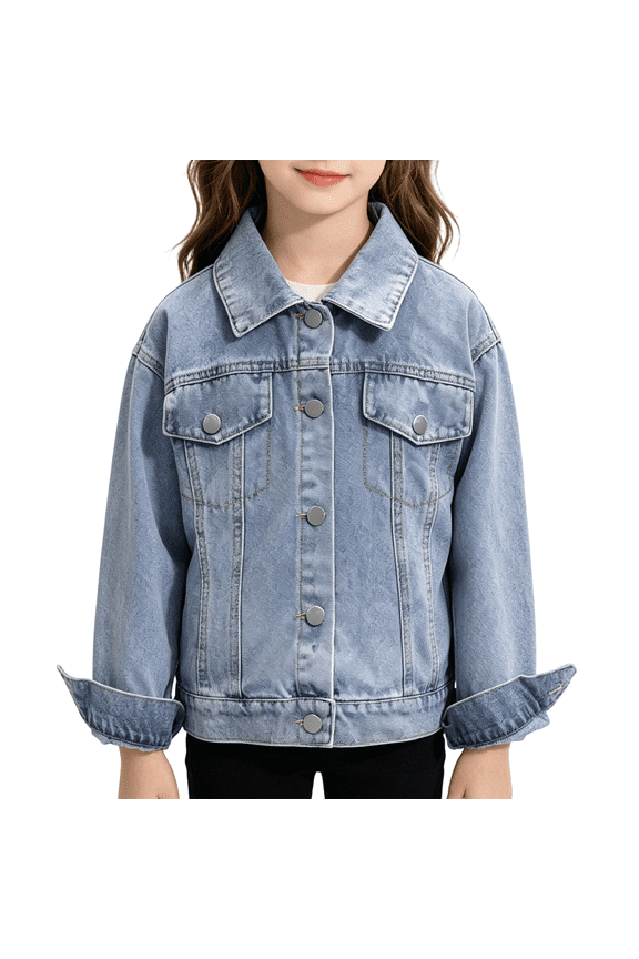 Kids Girls Denim Jackets Embroidery Back Turn-Down Collar Long-Sleeve Jean Coat Trendy Button-Up Outerwear 2-10Y Girls Oversized Denim Jacket Casual