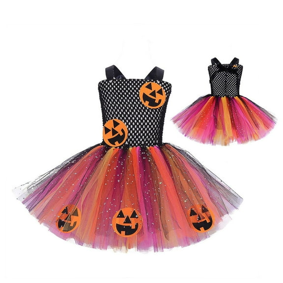EnJoCho Kids Girls Halloween Pumpkin Tutu Tulle Dress with Mesh Spaghetti Sleeveless Fluff Cute Fashion Dress Par𝗍y Outfit Pageant Celebration Photo