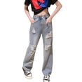 thumbnail image 1 of EnJoCho Kids Girls Jeans Elastic Waist Cool Ripped Washed Denim Wide Leg Age 5-15 Years Distressed High Waist Trendy 𝖸2𝖪 Vintag𝖾 Skinny Mom Jeans Flare Bootcut Streetwear, 1 of 8