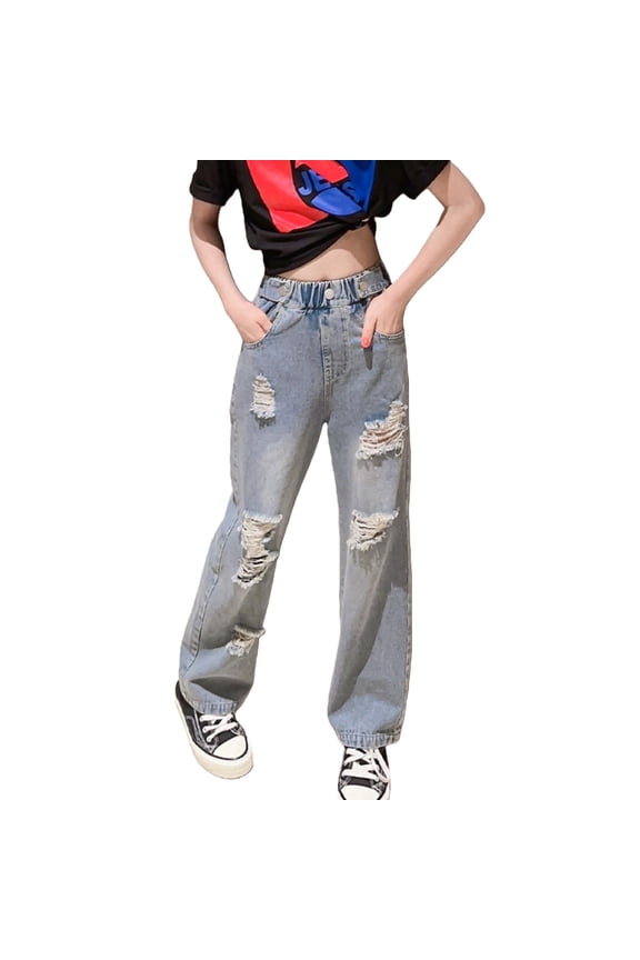 Kids Girls Jeans Elastic Waist Cool Ripped Washed Denim Wide Leg Age 5-15 Years Distressed High Waist Trendy 𝖸2𝖪 Vintag𝖾 Skinny Mom Jeans Flare Bootcut Streetwear