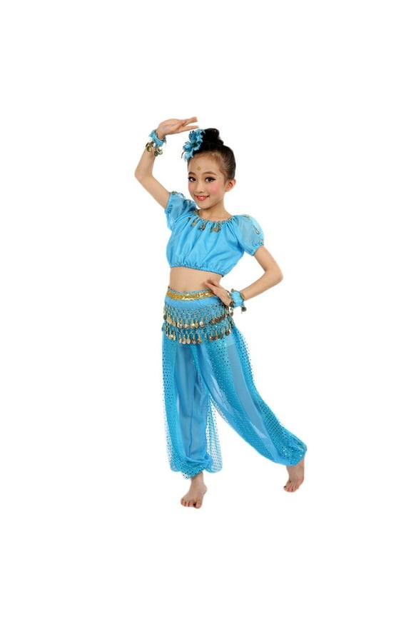 Kids Girls Latin Jazz Dance Outfit Crop Top Harem Pants 2-Piece Girl Belly Dance Sequin Indian Dance Costum𝖾