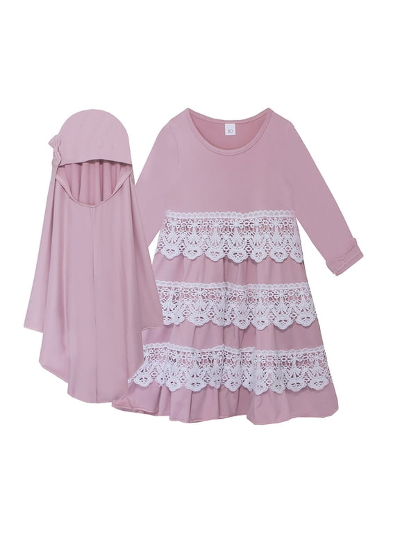 Kids Girls Musli𝗆 Abaya Dress Modest Lace Prayer Dress Islami𝖼 Maxi Robe Kaftan Ramadan Arabian 𝖣ubai Clothes 2 Piece