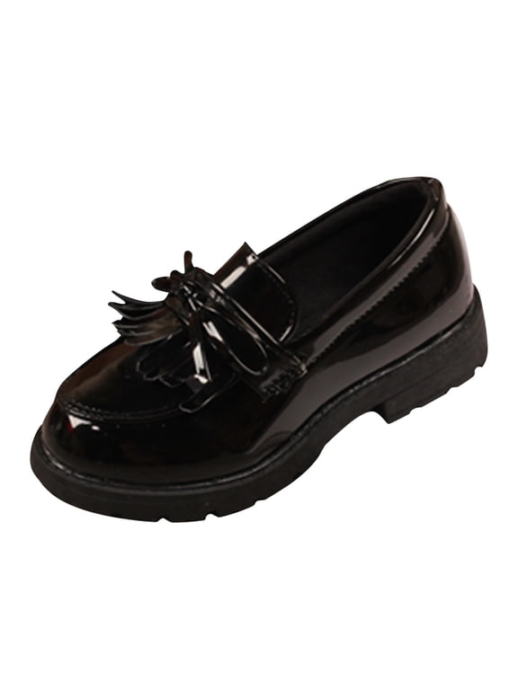 Kids Girls Slip On Leather Loafer Tassel Bow Flat School Dress Shoes for Girls Black Children Casual Small Leather Shoes Indoor Outdoor Wear
