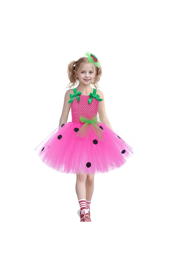 Kids Girls Strawberry Tutu Tulle Dress Set with Mesh Headband Halloween Holiday Role Play Dress Par𝗍y Outfit Birthday Celebration Fashion Dress