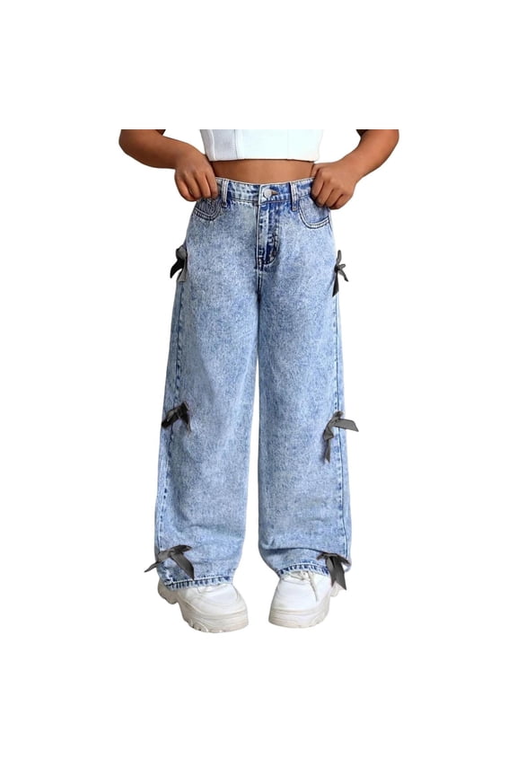 Kids Girls Teen Baggy Jeans High Waisted Straight Leg Denim Pants Bow Cute Aesthetiš¼ Vintagš¾ Style Loose Fit Elastic Waist Trousers Scene Casual Outfit
