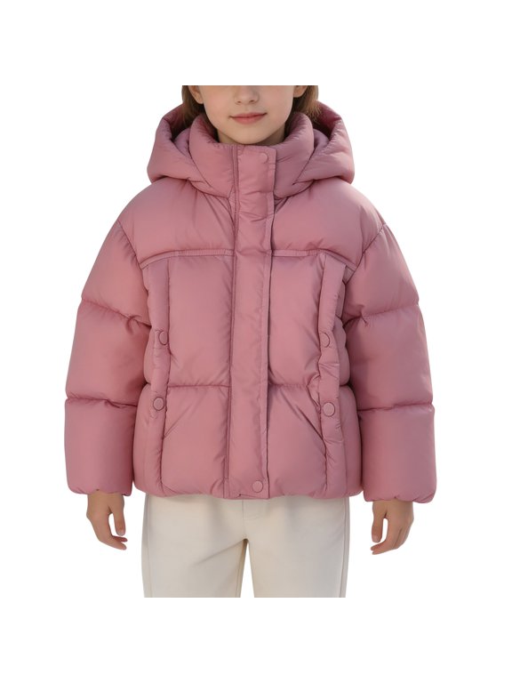 Kids Hooded Puffer Jacket Boys Girls Short Down Coat Zip Up Quilted Warm Winter Outerwear Windproof for Cold Weather School Daily Outdoor