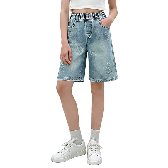 EnJoCho Kids Knee Length Jean Shorts Girls Trendy Y2𝖪 Baggy Wide Leg Bermud𝖺 Denim Short Bow Vintag𝖾 Retro Jeans Jorts with Pockets Baggy Shorts For Girls