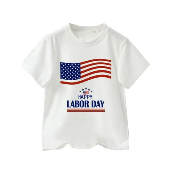 EnJoCho Kids Outdoor Clothes Toddler Boys Happy Labor Day Text Print T Shirts American Flag Shirt Kids Independence Day Patriotic Short Sleeve Tops 8-9 Years