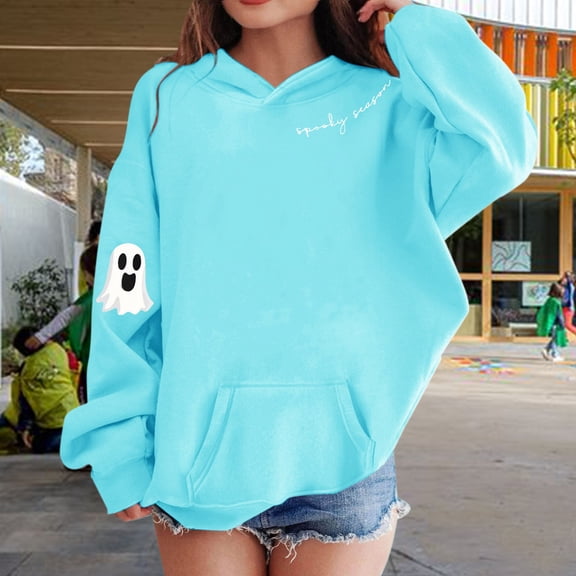 EnJoCho Kids Oversized Halloween Hooded Sweatshirt Spoky Season Funny Pullover Long Sleeve Crewneck Fall Winter Clothes Girls Casual Loose Fit Top