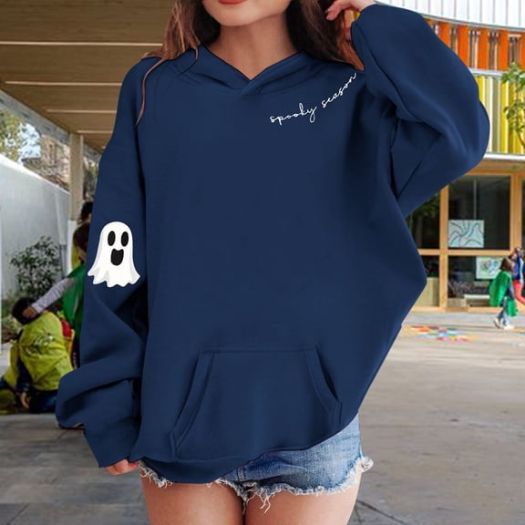 EnJoCho Kids Oversized Halloween Hooded Sweatshirt Spoky Season Funny Pullover Long Sleeve Crewneck Fall Winter Clothes Girls Casual Loose Fit Top