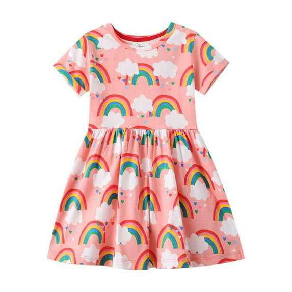 EnJoCho Kids Party Skirt Girls Rainbow Dress Girls Spring Summer Dress Cute Rainbow Short Sleeve Round Neck Outfit Cute Little Girl Fashion Party Dress