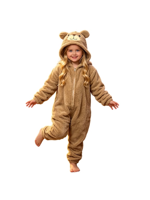Kids Plush Bear Jumpsuit Half-Zip Hooded Fuzzy Animal Coverall with 3D Ear Face Hood Warm Fleece Dress-Up Outfit for Boys Girls Halloween for Holidays