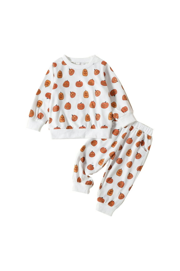Kids Pumpkin Pattern Outfit Set for Spring Fall - Long Sleeve Round Neck Sweater and Pocket Pants, Children’s Casual Wear for Party Birthday School