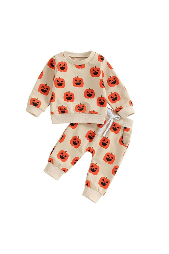 Kids Pumpkin Sweatsuit Set - Full Print Pullover Sweater & Jogger Pants, 2PC Toddler Hallow-een Outfit, Fall Casual Coordinates