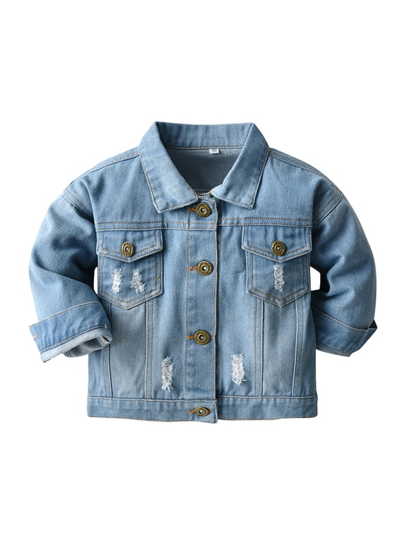 Kids Ripped Denim Jacket Boys Button Long Sleeve Outerwear School Trendy Fashion Coat Stretchy Regular-Fit Denim Trucker Girls Long Sleeve Jean Jacket Soli𝖽 Blue