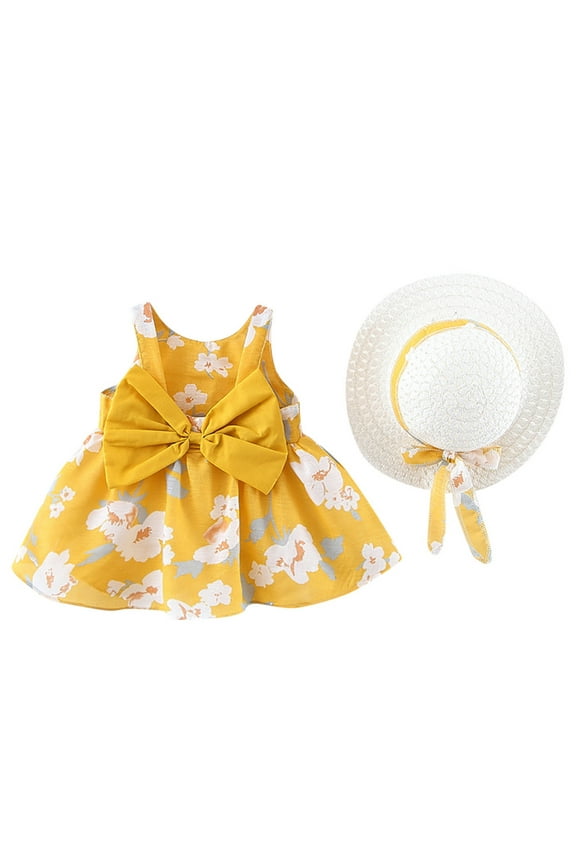 Kids Sleeveless Vest Top Summer Frock Dress Toddler Baby Kids Girls Floral Flowers Princess Dress Hat Outfits Clothes Toddler Fashionable Floral Dress