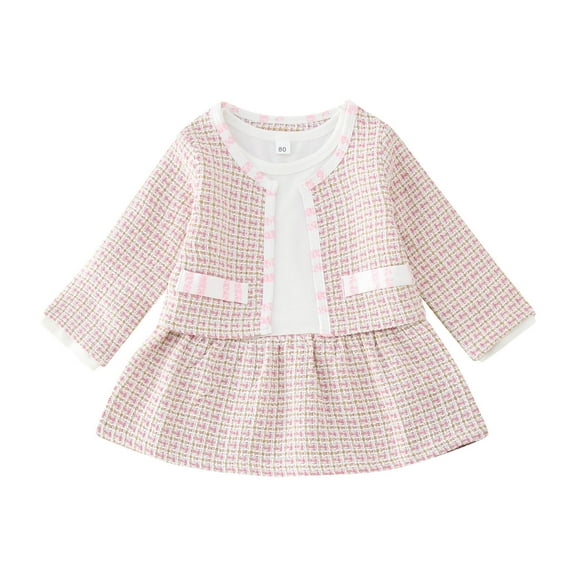 EnJoCho Kids Spring Clothes Toddler Girls Outfit Fashion Small Fragrance Long Sleeves Plaid Dress Coat 2pcs Set Outfits Kids Winter Fall Trendy Clothing Set Party Wear