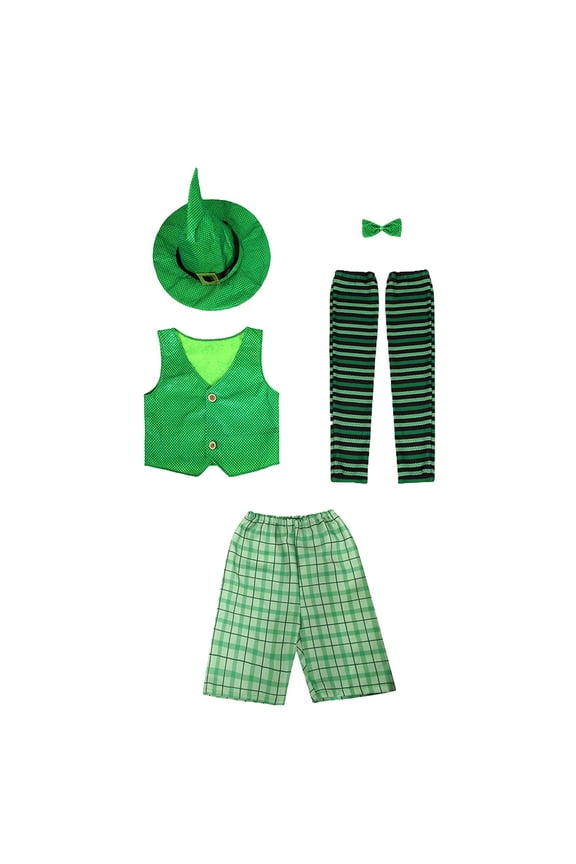 Kids St Patric𝗄s Day Set 5 Piece Green Vest Hat Plaid Shorts Stocking Costum𝖾 Outfit Suit for Boys Girls Toddlers Children Dress Celebration Wear