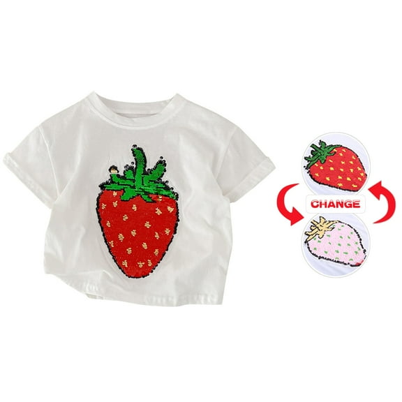 EnJoCho Kids Summer Fashion Tops Toddler Boys Girls Creative Gifts Children's Changing Flip Sequins T Shirt Strawberry Tops Crew Neck Short Sleeve Birthday Clothes