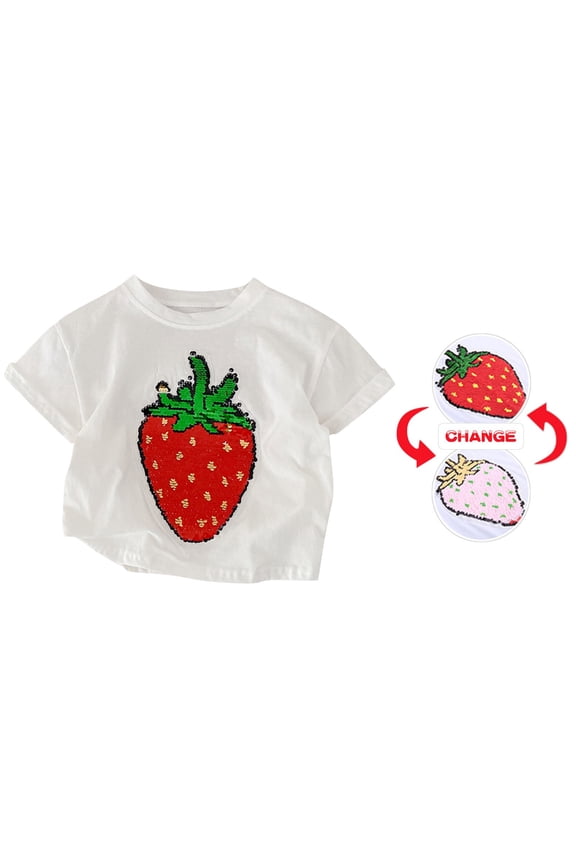 Kids Summer Fashion Tops Toddler Boys Girls Creative Gifts Children's Changing Flip Sequins T Shirt Strawberry Tops Crew Neck Short Sleeve Birthday Clothes