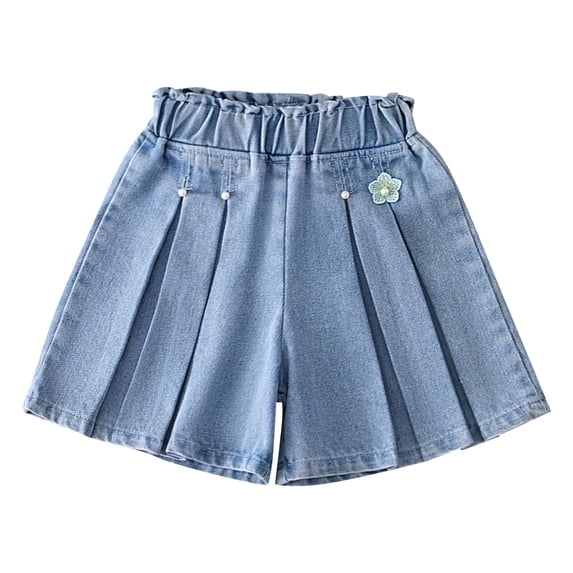 EnJoCho Kids Summer Jeans Girls Flower Decoration Ruffle Hem Denim Pleated Flared Shorts Casual Flowy Skirted Short Little Girl Birthday Outwear Party Wear Dress Shorts