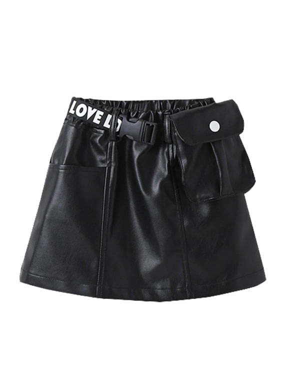 Kids Toddler Child Baby Girls Patchwork PU Leather Skirt Outfit PU Leather Short Skirt for Kids Girls Toddler Fall Mini Skirt Child Fashion Skirt with Waist Bag
