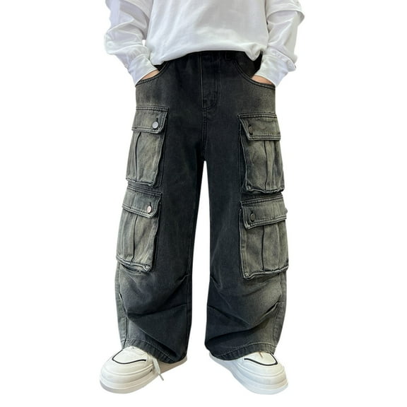 EnJoCho Kids' Vintage Carpenter Jeans for Boys & Girls - Oversized Multi-Pocket Straight Leg Denim Pants Stretch Waist Durable Cotton Playground-Ready Daily Wear