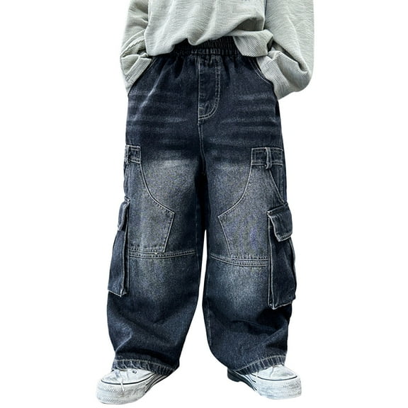 EnJoCho Kids' Vintage Washed Carpenter Jeans - Oversized Utility Pocket Pants for Boys & Girls Stretchable Waist Durable Cotton Year-Round Play & School