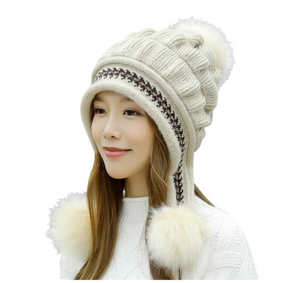 EnJoCho Ladies Modern Twist Cable Knit Hat Ladies Chic Pom Pom Beanie Women Fashion Keep Warm Winter Hats Knitted Wool Hemming Hat With Hair ball Matching Color Block Knit Hat