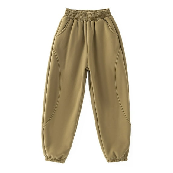 EnJoCho Lambswool-Blend Lounge Pants, Mid-Weight Winter Joggers with Ribbed Ankles & Hidden Security Pocket (9-11 Years,Khaki)