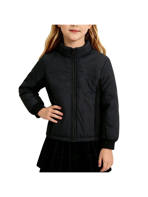Lightweight Puffer Jacket for Kids Girls Stand Collar Zip Up Quilted Front Knit Sleeve Warm Padded Coat Fall Winter Outerwear Casual School Wear