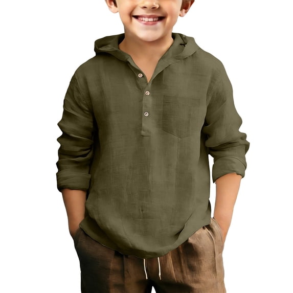 EnJoCho Linen Shirts for Boys Half Button Up School Hooded T Shirts Teen Loose Long Sleeve Lightweight Summer Beach Tee Tops Boys Linen Blend Casual Shirt