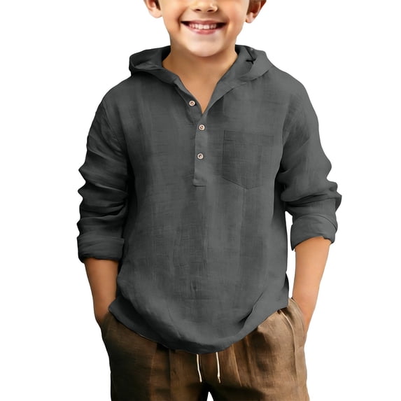 EnJoCho Linen Shirts for Boys Half Button Up School Hooded T Shirts Teen Loose Long Sleeve Lightweight Summer Beach Tee Tops Boys Linen Blend Casual Shirt