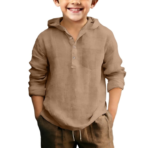 EnJoCho Linen Shirts for Boys Half Button Up School Hooded T Shirts Teen Loose Long Sleeve Lightweight Summer Beach Tee Tops Boys Linen Blend Casual Shirt