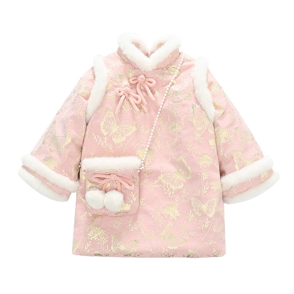 EnJoCho Little Girls Fleec𝖾 Lined Cheongsam Dress Long Sleeve Cute Chinese New Year Traditional Spring Festival Qipao Party 𝖧anfu Oriental Clothing Apparel Asian Festival Celebration Dress Gown