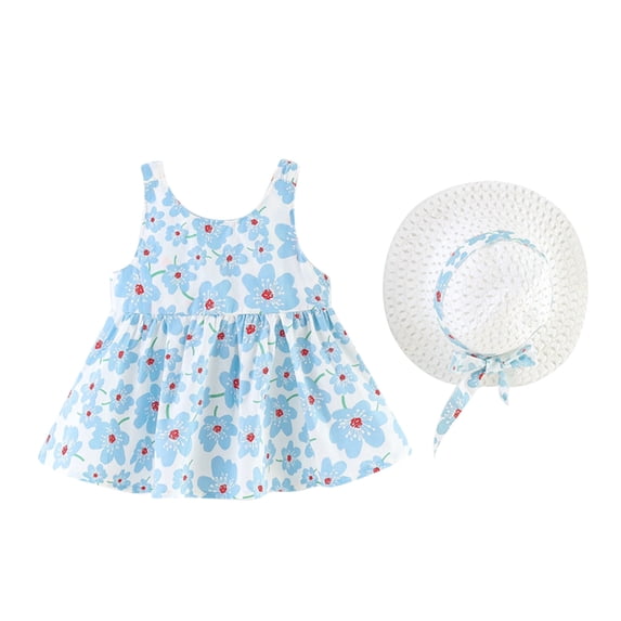EnJoCho Little Girls' Patterned Halter Neck Dress Toddler Girls Sleeveless Bowknot Dresses Floral Printed Princess Dress Hat Outfits Children'S Cute Elegant Dress