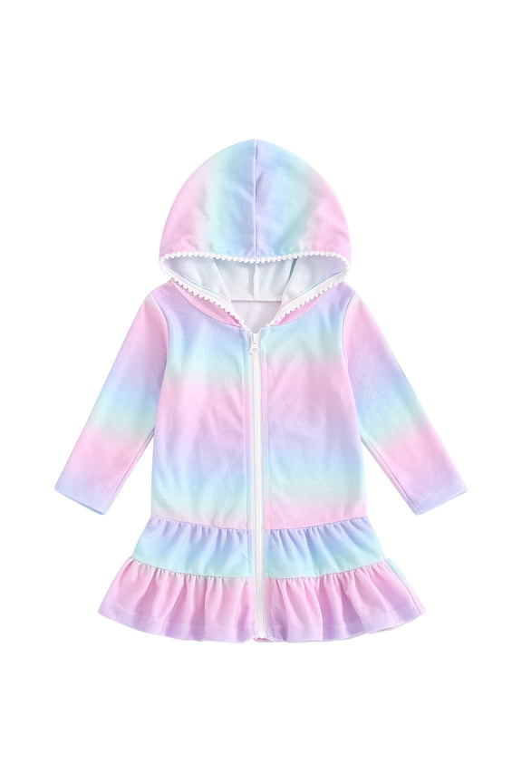 Little Girls Swim Cover Up Kids Swimsuit Coverup Zip Up Beach Bathing Suit Hooded Bathrobe Absorbent Beach Dress Kids Casual Cotton Dress