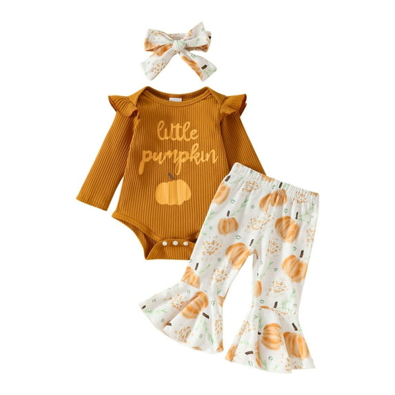 EnJoCho My First Hallow-een Baby Girl Outfit Set Ribbed Rufle Romper Pumpkin Print Flared Pants Headband Kids 𝖢ostume for Photoshoot Party