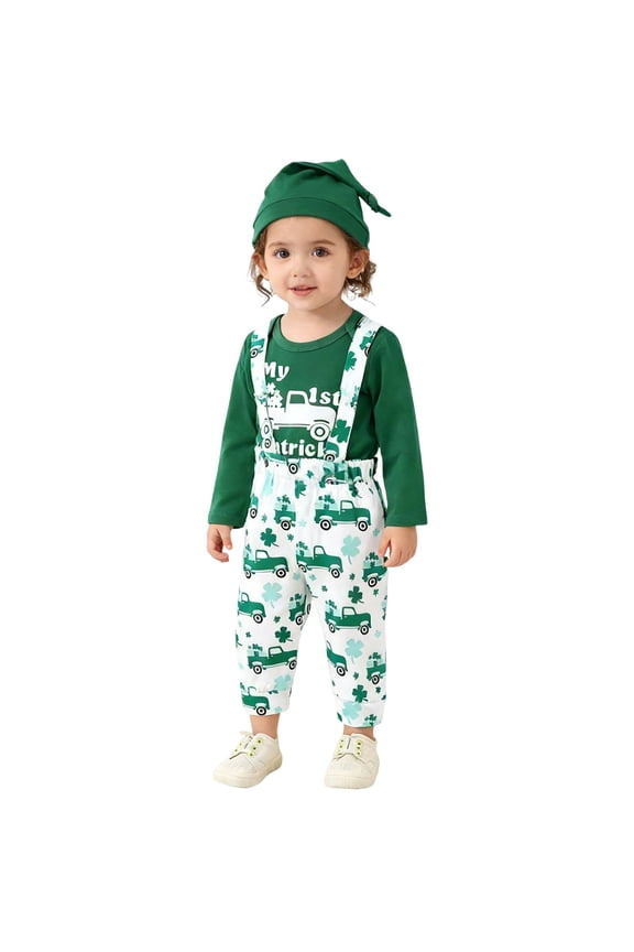 My First St Patric𝗄s Day Baby Boy Outfit Baby Long Sleeve 𝖱omper Suspenders Pants Hat 3Pcs Set Irish Clothes Festival Celebration