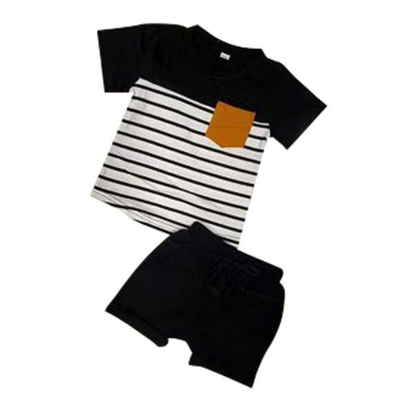EnJoCho Toddler Baby Boy Shorts Clothes Set, Short Sleeve Crew Neck Stripe 2Pcs Summer Fall Outfits T-Shirt Shorts Set