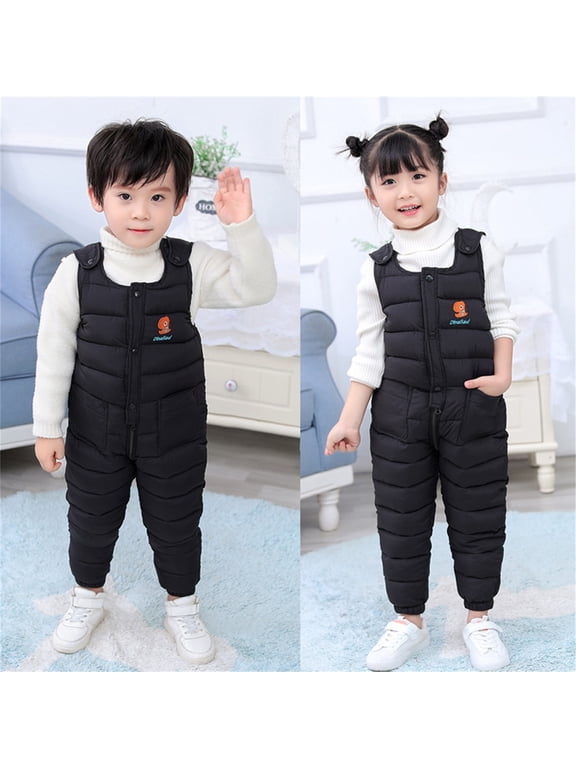 Padded Suspender Bib Overalls for Toddler Boys Girls, Quilted Snow Pants with Cartoon Patch, Button Front and Elastic Cuffs for Cold Weather Play