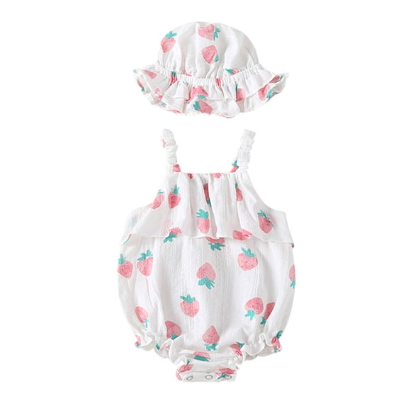 EnJoCho Party Romper for Baby Baby Girls Straps Strawberry Print Romper Sunsuit Hat Bodysuit Baby Kids Trendy Cute Romper Clothing