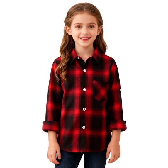 EnJoCho Plaid Shackets for Girls Boys Button Down Shirts Jackets Pockets Kids Flannel Shirts Spring Lapel Neck Blouse Top