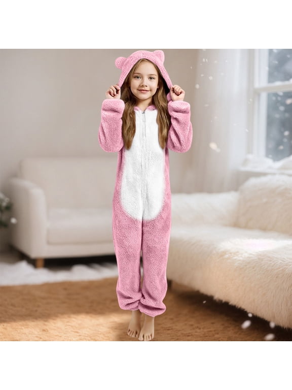 Plush Animal Hooded Jumpsuit with Contrast Belly Panel for Girls, Zip-Up Fuzzy Bear Ear Coverall, Long Sleeve Winter Play Romper for Kids 3-12 Years
