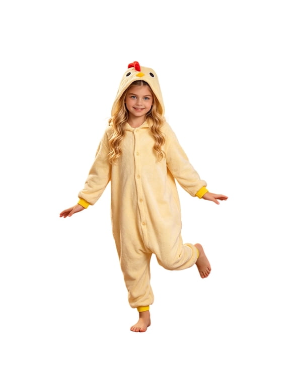 Plush Chick Hooded Jumpsuit for Kids Boys Girls Button Front Fleece Animal Coverall with 3D Comb and Beak Ribbed Cuffs Halloween Dress-Up Outfit