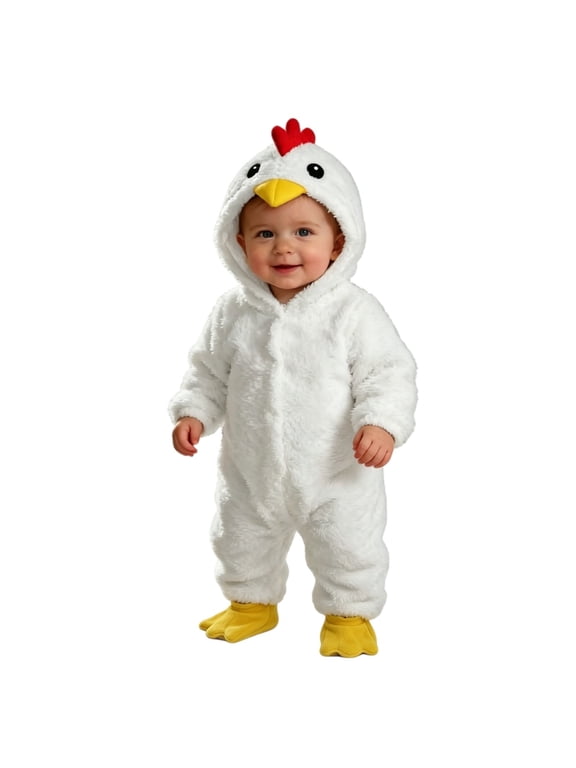 Plush Chick Hooded Jumpsuit for Toddler Baby Kids Full Zip Fleece Animal Coverall with 3D Comb Beak Matching Chicken Foot Booties Halloween Dress-Up Outfit