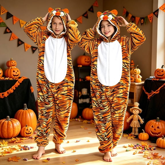 EnJoCho Plush Tiger Hooded Jumpsuit for Kids Boys Girls Cute Striped Soft Animal Fleece Coverall with 3D Ears Full-Zip White Belly Outfit for Kids