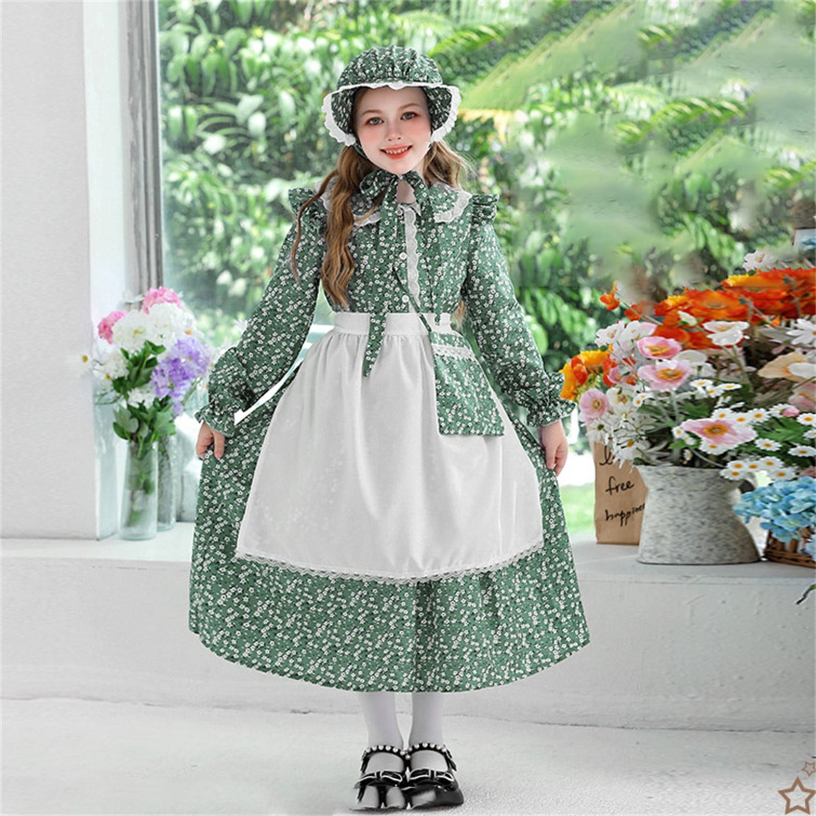 EnJoCho Prairie Dress Set for Girls 3 Piece Vintage Long Sleeve Dress with  Apron Bonnet Countryside Outfit 1800s Pioner Dress loral Ruffle Toddler  Dresses - Walmart.com